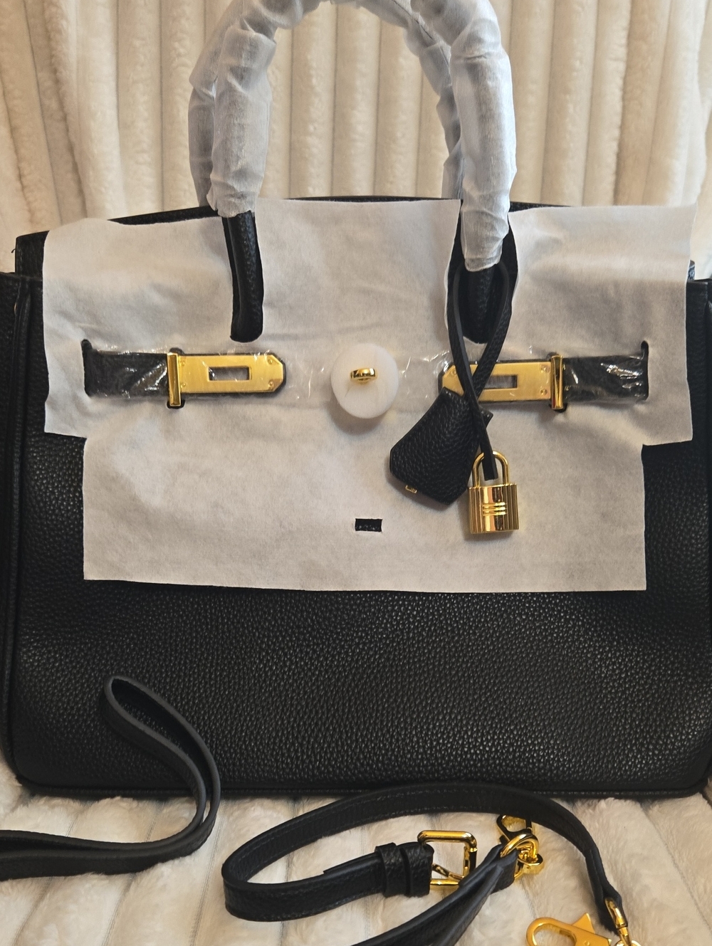 Classic Black Leather Tote Bag with Gold Hardware